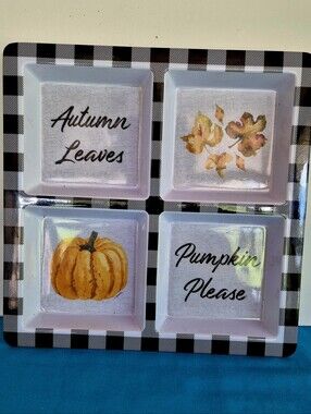 Autumn Leaves Pumpkin Please Melamine Fall Tray 4 Compartments Black White Check